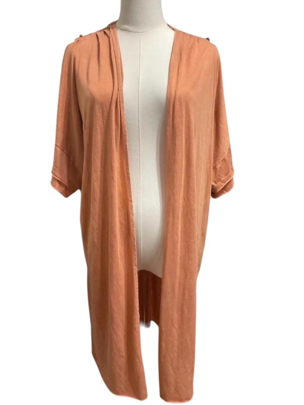 KORI AMERICA Cardigan M Peach Boho Crochet Back Open Front Kimono Preloved - A9
